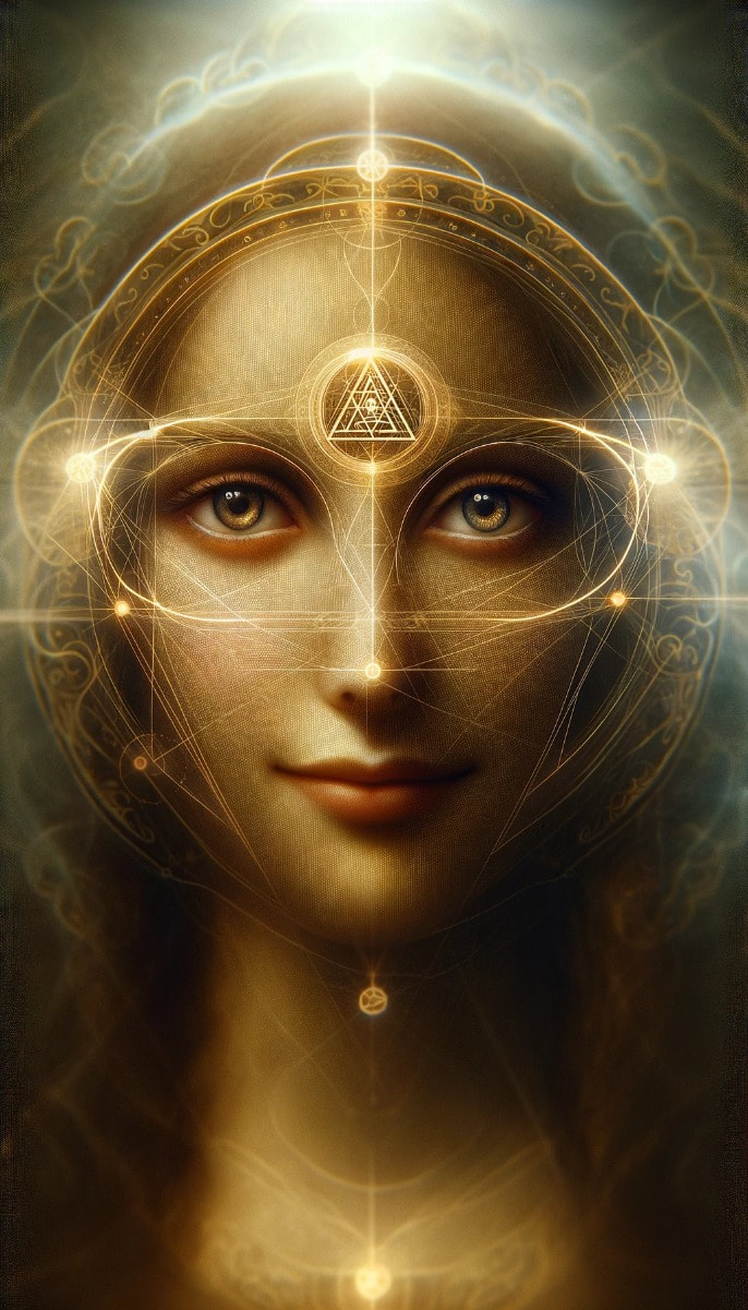 Een menselijk gezicht omringd door gouden geometrische lijnen en licht